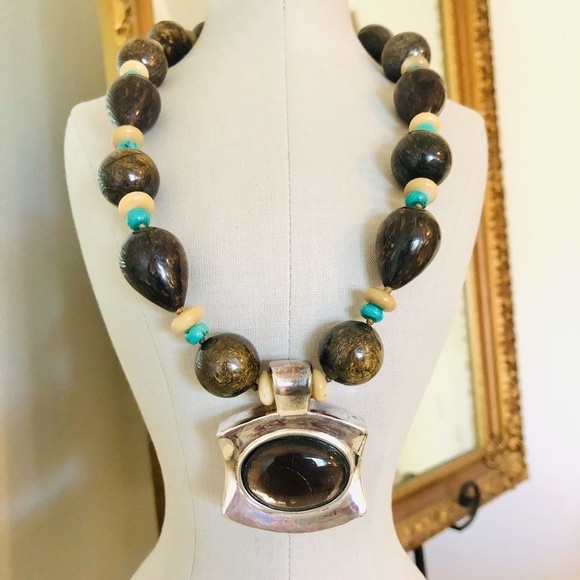Vintage Simon Sebbag Designer Silver Turquoise Stone Necklace RARE - Picture 3 of 17